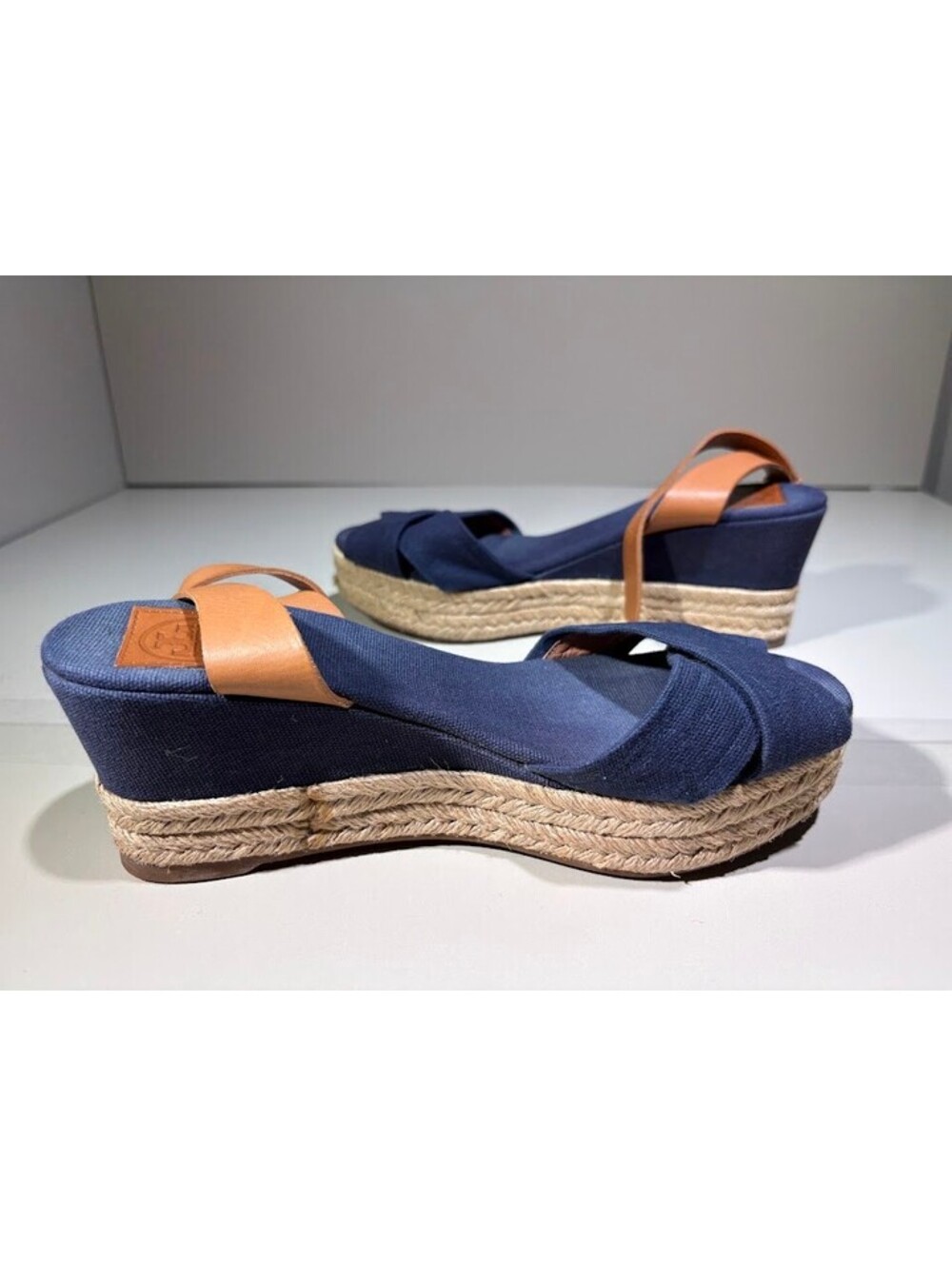 Tory Burch Navy Canvas Espadrille Wedge Sandals - Picture 8 of 9